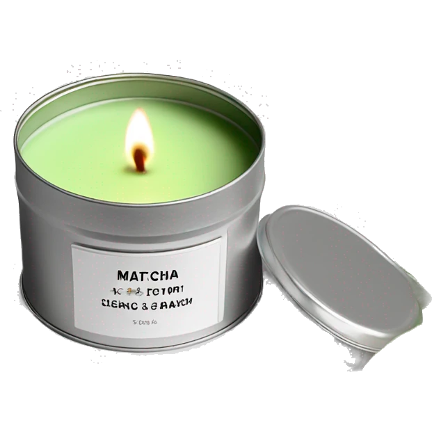 realistic, lit matcha scented candle, silver tin, small white label, text emoji
