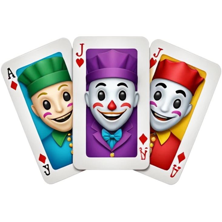 3 poker cards, with crazy colorful human jolly jokers inside, emoji