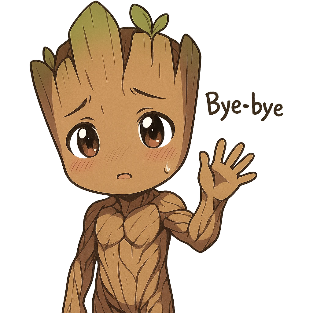 anime style Groot character, cute and shy, saying bye and waving emoji