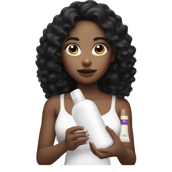A white skinned  girl with black curly hair holding a lotion emoji