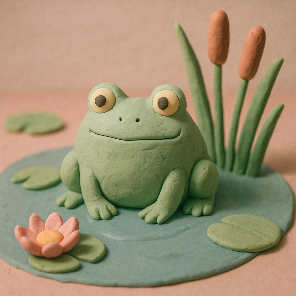 frog sitting in a pond with visible water lilies and reeds, soft pastel colors, claymation style emoji