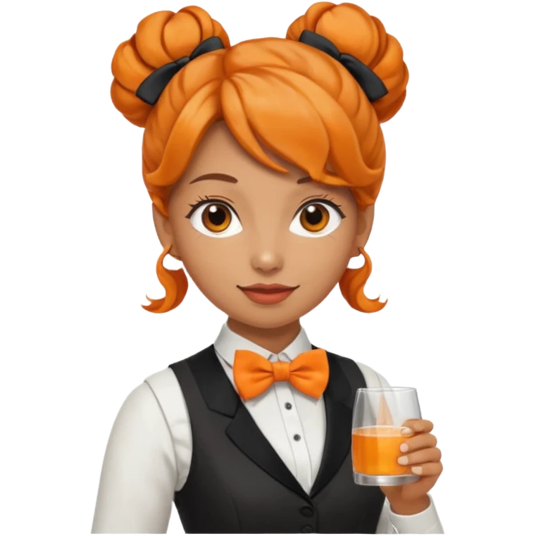a bartender lady with bow tie and vest, having orange wavy bun hair















 emoji