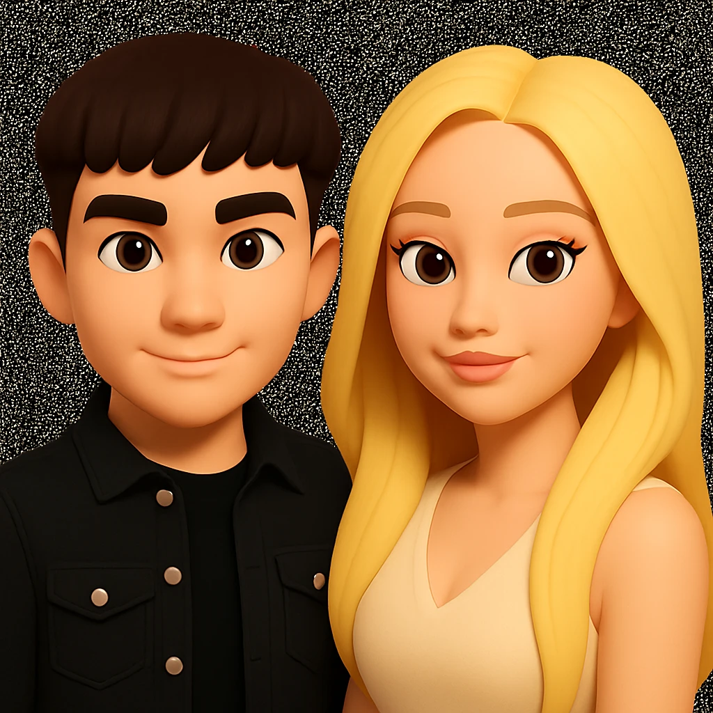 Slightly increase the volume of the upper body of the girl, make the hair more voluminous and separated from each other, and make the skin color uniform. Maintain the cartoonish 3D style as in the reference image. emoji