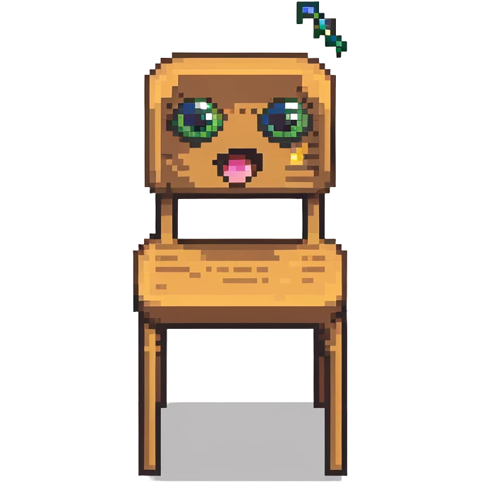 Pixel art of a wooden chair with cartoon eyes flying in the air emoji