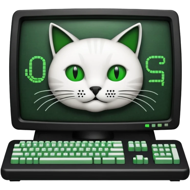mac os icon code computer retro terminal, black, green white, cat draw with ASCII code inside the terminal emoji