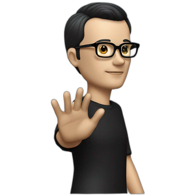 small photo realistic left arm waving Ralf Hutter from Kraftwerk, short straight black hair, Dark Brown eyes, black glasses, thin, black shirt, side view emoji
