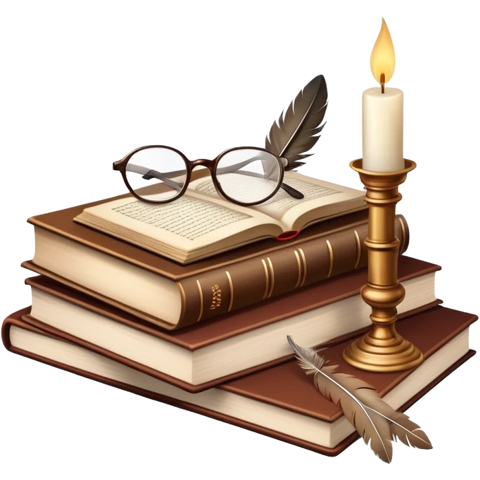 An icon showing an open classic book with elegant pages, a feather quill, and reading glasses resting on top. Behind it, a stack of literary works and a candle evoke deep study and timeless stories. Transparent background highlights the analysis of literature and texts. emoji