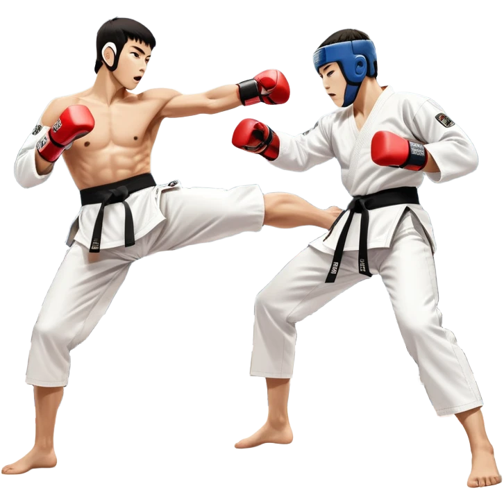 Two taekwondo fighters in traditional white doboks with black belts. One delivers a powerful kick, while the other defends by blocking with his knee. The background shows a professional arena with bright lights and an excited crowd. Transparent background highlights the intense action emoji