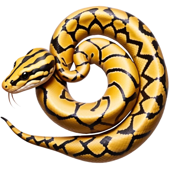 A photo-realistic top-down view of a Ball Python gently coiled into a tight spiral, with its head resting peacefully at the center. Its scales are warm brown with bold, irregular black markings, including the distinctive “alien-head” pattern, flowing smoothly along its body.  emoji