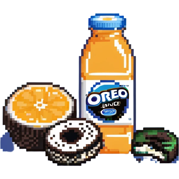 orange juice bottle being cut in half by Oreo cookies emoji
