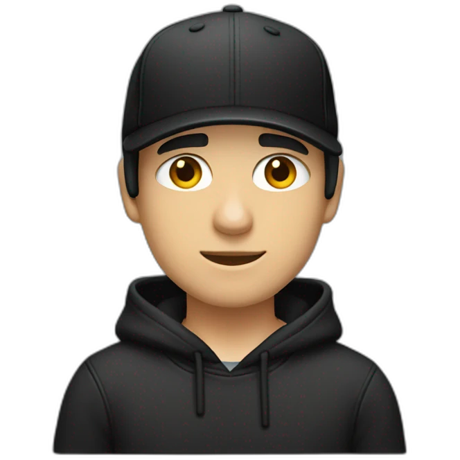 Strong Male caucasian Designer With black hair wearing flat bill hat and black hoodie emoji