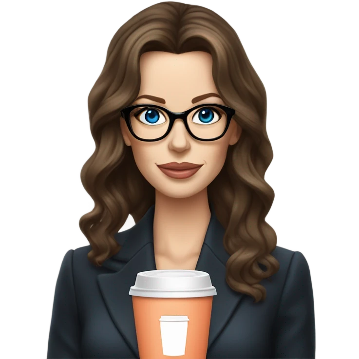 Realistic Kate Beckinsale blue eyes wearing glasses in a business dress drinking coffee peach lipstick  emoji