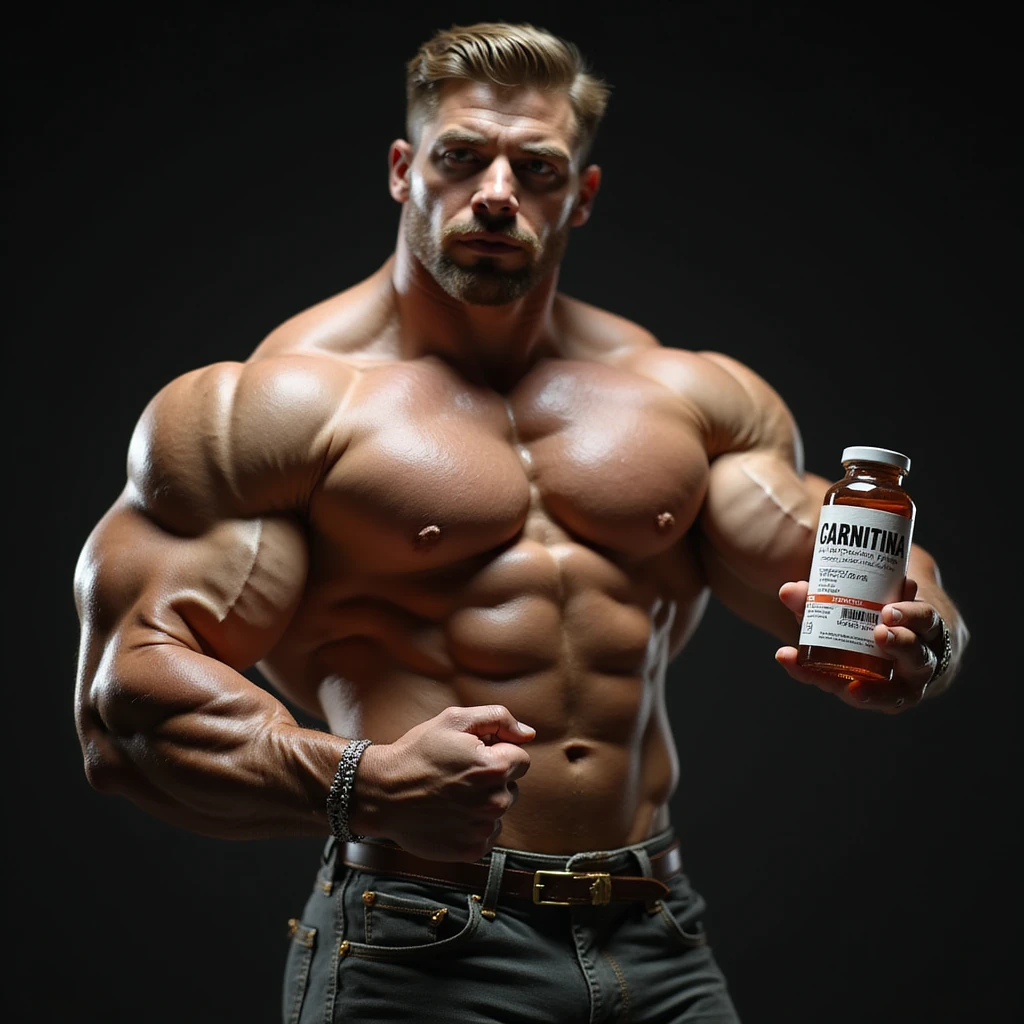 realistic bodybuilder in competition pose holding a vial with a label reading 'CARNITINA' in large block letters, 4k quality emoji