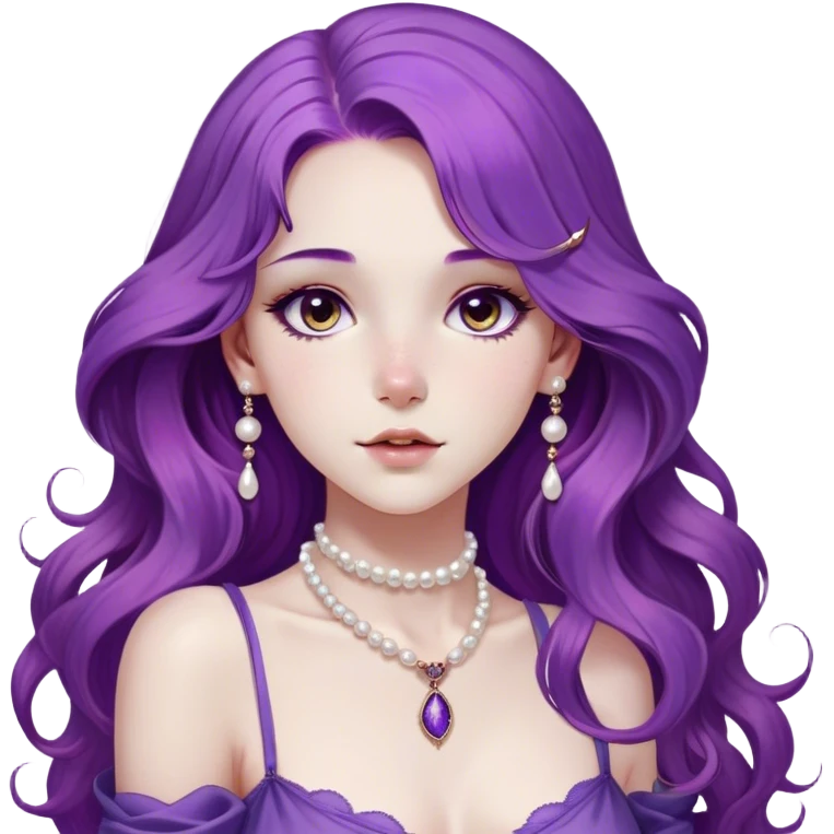 A girl has a striking presence with wavy long length purple hair, large doe-eyed brown eyes, and a dusting of freckles. Her hourglass figure and poised grace enhance her elegant aura. She favors stylish, high-end fashion, often accessorized with pearls and delicate jewelry. Admired and respected, she carries an air of quiet confidence and mystery. emoji