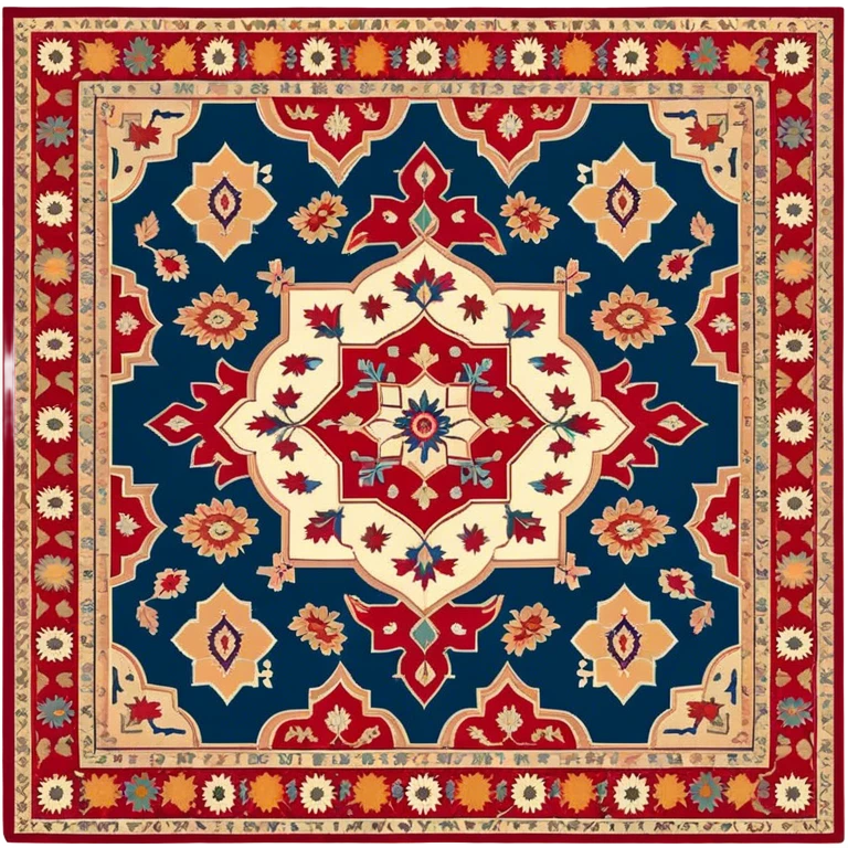 Cinematic Realistic depiction of a richly patterned Turkish carpet, rendered with exquisite details and vibrant colors, set against a soft, warmly lit background that emphasizes its artisanal craftsmanship emoji