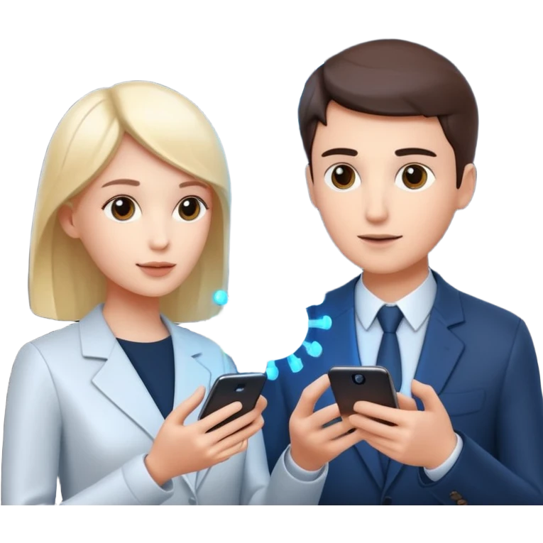 Generate a realistic emoji of a two people using a phone which shows artificial intelligence. Out of the phone is coming 3d ideas and electric symbols  emoji