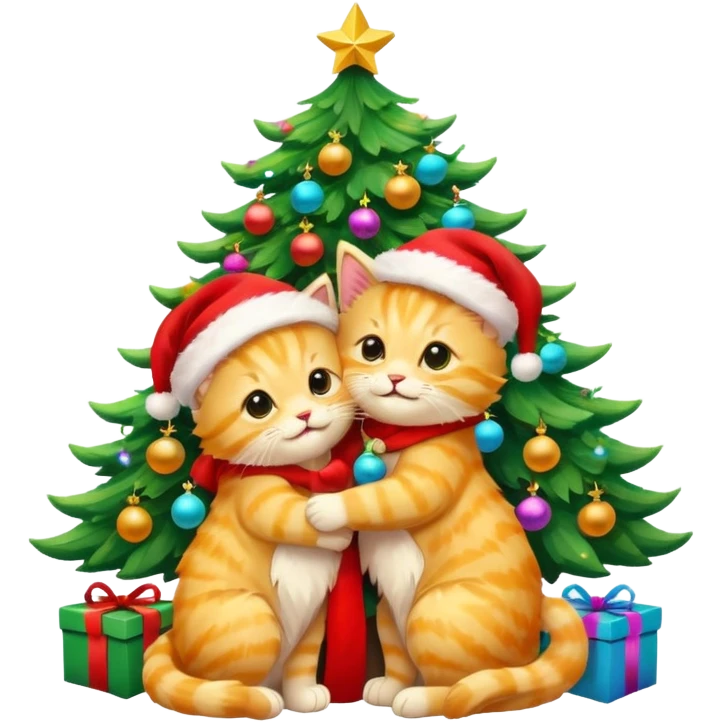 2 cute hugging golden fluffy kittens with Santa hats by a colorful multicolored brightly lit up Christmas tree emoji