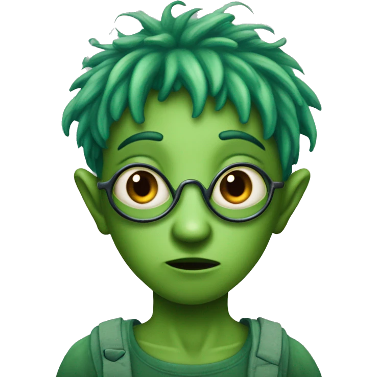 An alien with four eyes and green hair and is a fairy with marron ragged clothes emoji