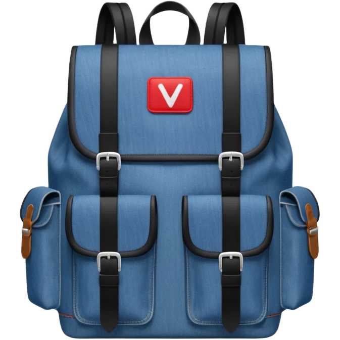 a blue denim backpack with a flap top, two vertical black buckle straps on the front. The backpack has two side pockets and a soft square shape. at front view bottom pocket, red and white two divided logo 

 emoji