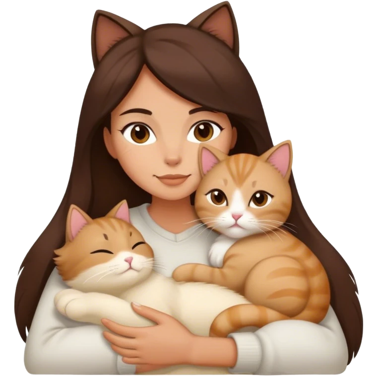 Brunette woman snuggling creamy colored  cat emoji