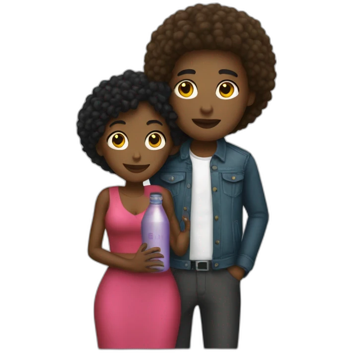 light skin man with bottle, hugging short darkskin woman in designer clothes emoji