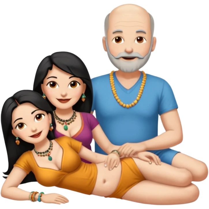 A balding man in his 60s with a grey beard lying on the thighs of a woman in her 40s with dark black hair parted in indian woman style wearing a beads chain  with the cleavage of the woman visible in both must be blissfully smiling emoji