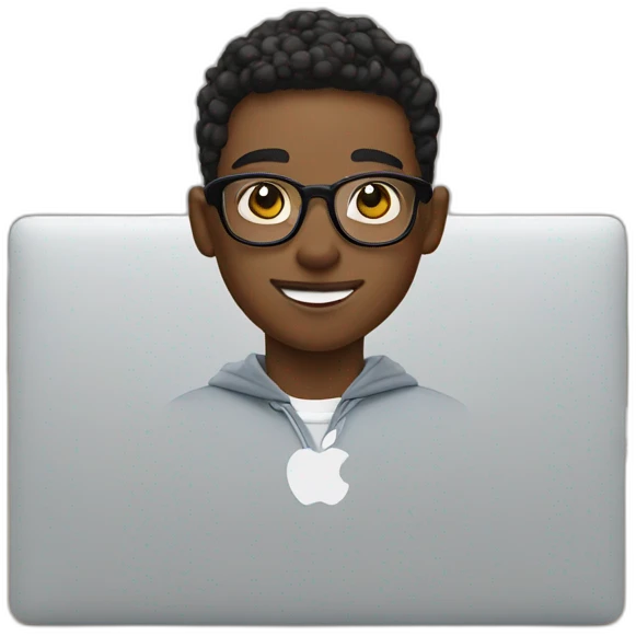 boy with transparent specs wearing airpods in front of macbook emoji