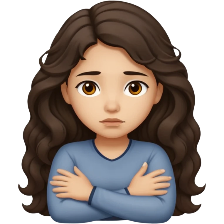 Hispanic light tan girl with long dark wavy hair crossing her arms under arm pit and slightly pouting emoji