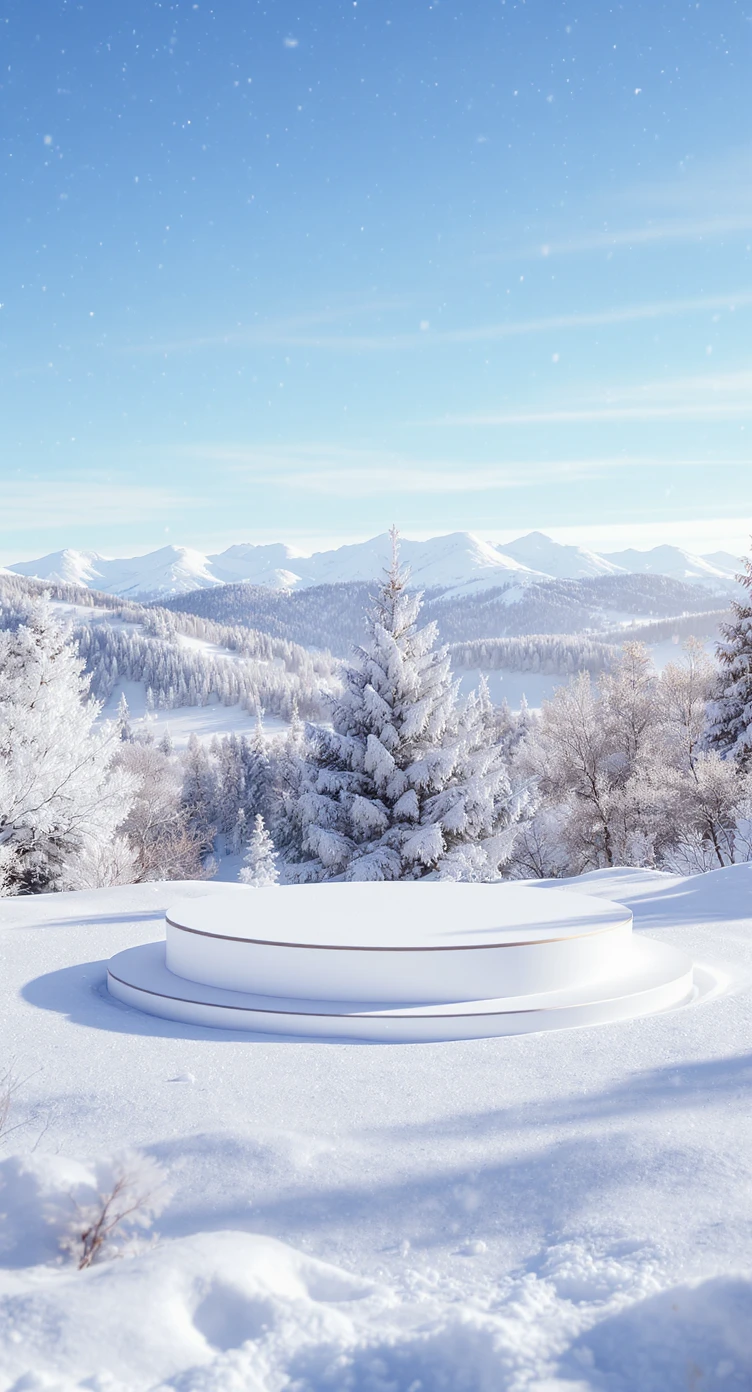 Cinematic still of a winter landcape, sunny day, white circle stage on middle, snowy,christmas tree in snow, in background we can see beautifull snowy landscape, soft light, symmetrical, day, captured on arri alexa --no curtains emoji