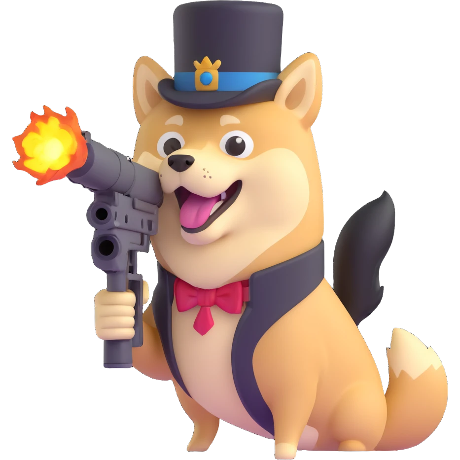 doge with a tophat and minigun, no background, 'TO WAR LADS!' emoji