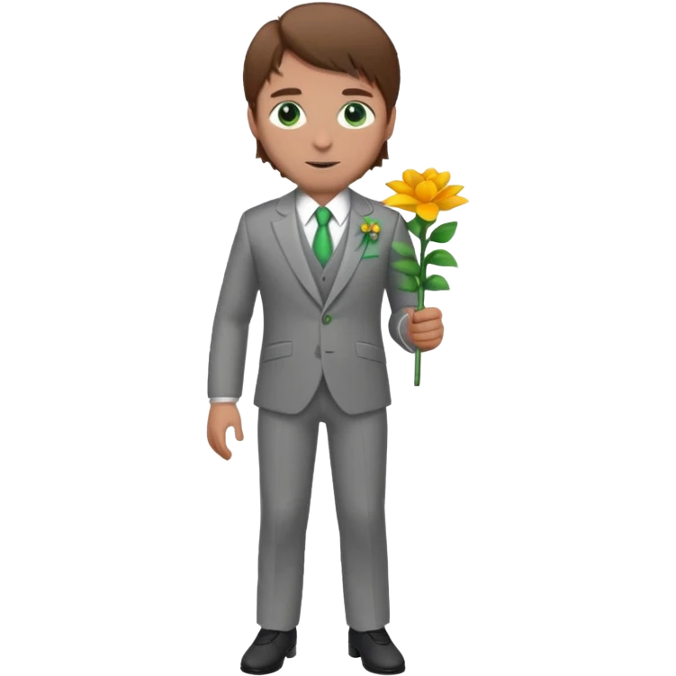 Chico blanco, pelo castaño, ojos verdes, traje boda gris y flor solapa , cuerpo entero emoji