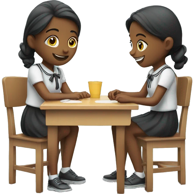 Two schoolgirl at the table are playing emoji