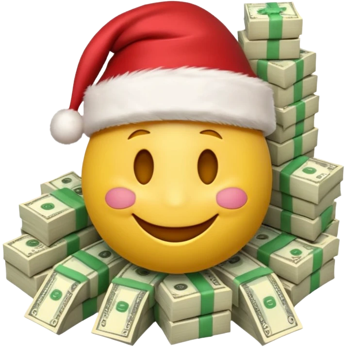 A festive 3D emoji style yellow smiley face wearing a Santa hat, surrounded by stacks of cash and dollar bills, joyful expression, Christmas and New Year theme, high quality, clean design, studio lighting, no text, no background, isolated object, transparent background, emojis.com style emoji