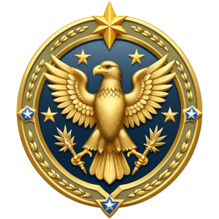 Insignia militar realista para videojuegos de guerra (estilo Delta Force), forma de escudo metálico con bordes desgastados. Incluye:

Símbolo: [fusiles cruzados / águila / estrellas / espada] emoji