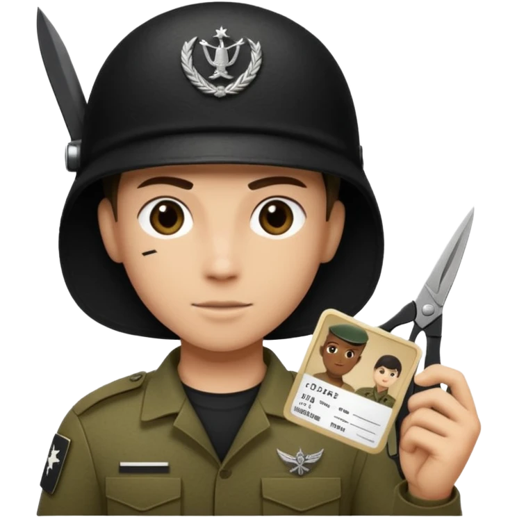 Floating black Scissors cutting in half an idf soldier ID card with a little chip in 2 parts emoji