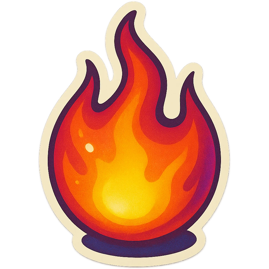 retro sticker style illustration of a small, round flame with bright core, expressive shadows and highlights, lively and dimensional flame emoji