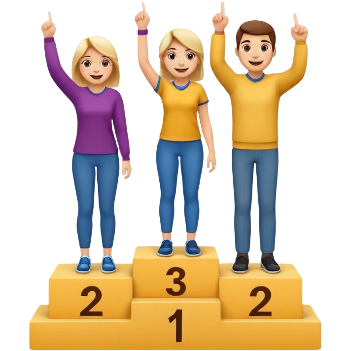 three casually dressed people on a winners podium labeled 2, 1, 3 from left to right, each on their step, center person on 1 holding up one finger on each hand, fun expressive cheerful emoji style emoji