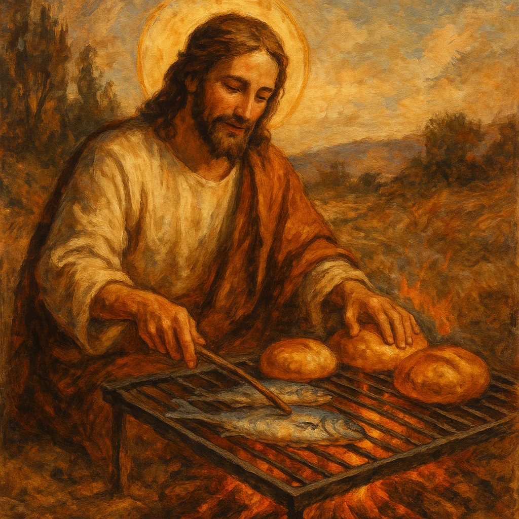 Jésus faisant un barbecue avec du pain et des poissons, inspiré de Jean 21, ambiance chaleureuse, scène biblique en plein air, illustration expressive emoji