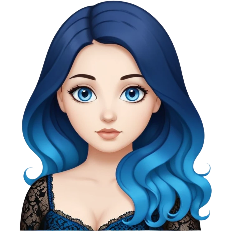 Beautiful Buxom-deep blue eyes-very long brunette to sky blue ombre hair-big juicy booty, wearing black lace, sfw emoji