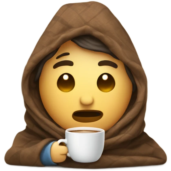man inside a blanket sipping coffee eyes closed blanket on top of head  emoji