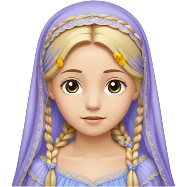 
mujer, Joven, de 25 aspecto dulce y elegante.
Piel clara, ojos grandes y expresivos, sonrisa triste.
Rubio o castaño claro, largo, con trenzas o velo.
Vestido largo cubriendole los zapatos, çde tonos suaves (blanco, azul o lavanda), con bordados dorados; toca fina cubriendo la cabeza. emoji