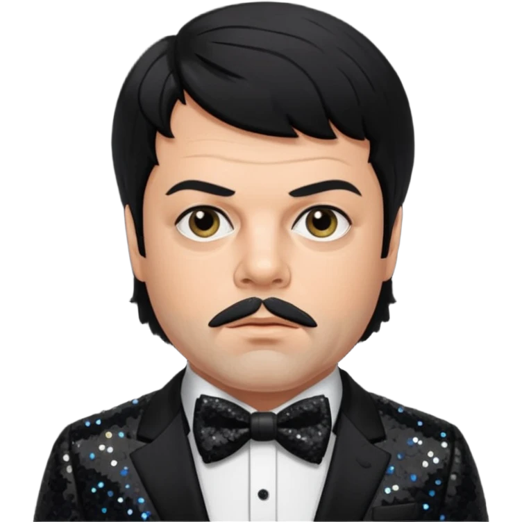 Oliver Reed with black hair, black sequin suit with bow tie emoji