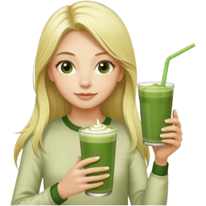 A blonde girl with long hair offers a glass of matcha latte with two straws emoji