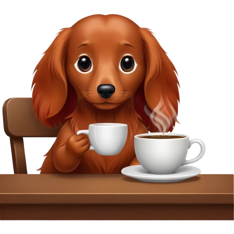 red long haired dachshund sitting at table drinking coffee emoji