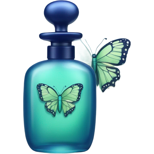  pastel green butterfly resting on an elegant blue perfume bottle with fork dark blue details. emoji