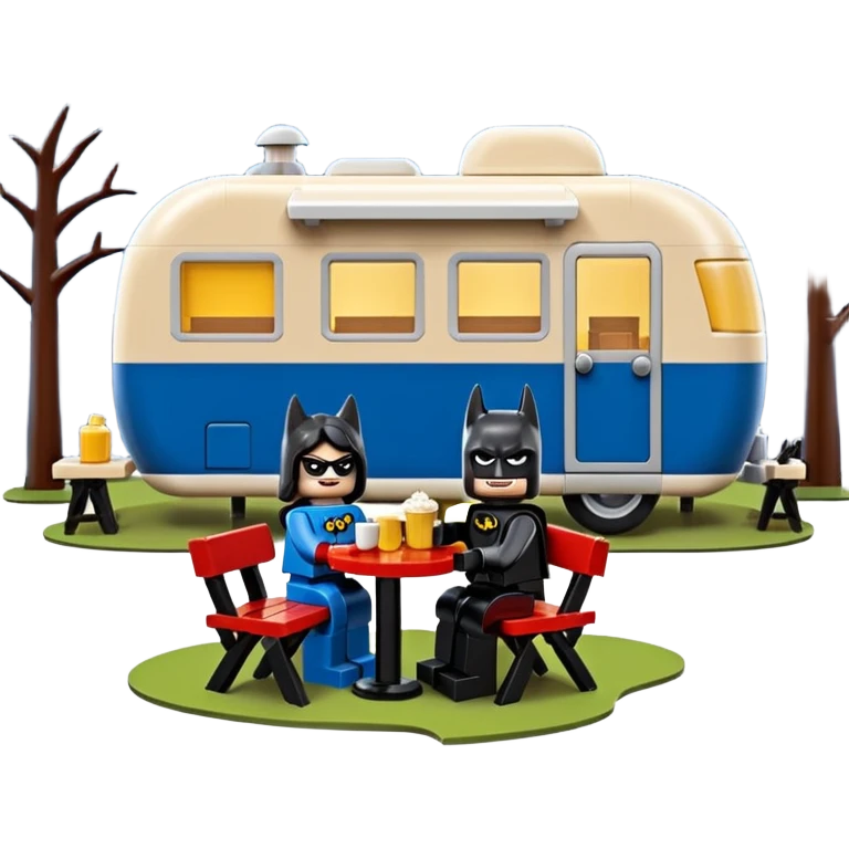  Ultra cute futuristic Lego detailed Batman and pretty Catwoman dream house Caravan with picnic table and folding chairs alone at romantic night(hot chocolate and cheeseburgers on the grill) emoji