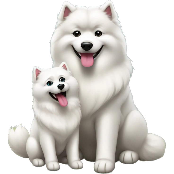 samoyed and malamute sitting together with their tongues out emoji