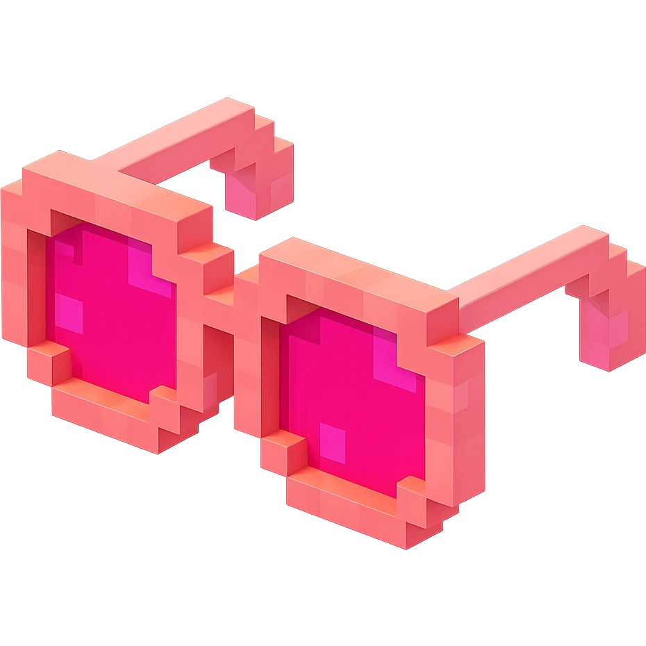 Voxel-style pink glasses with pink lenses, no background, following the silhouette from the reference image, with a different pattern. emoji