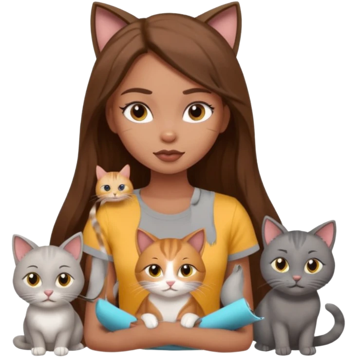 a pretty bratz dusky girl with long brown hair with four cats nd wearing a grey tshirt emoji