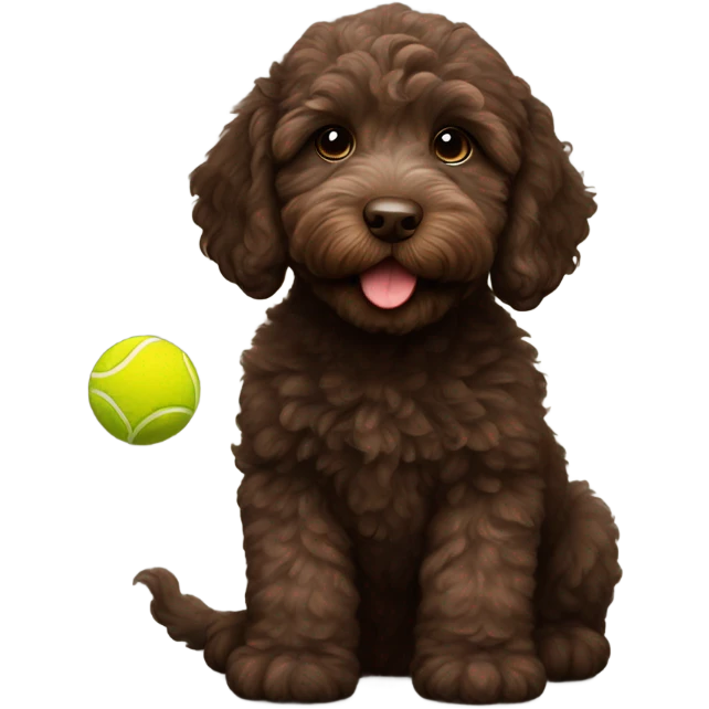 Dark brown Australian labradoodle puppy with tennis ball emoji